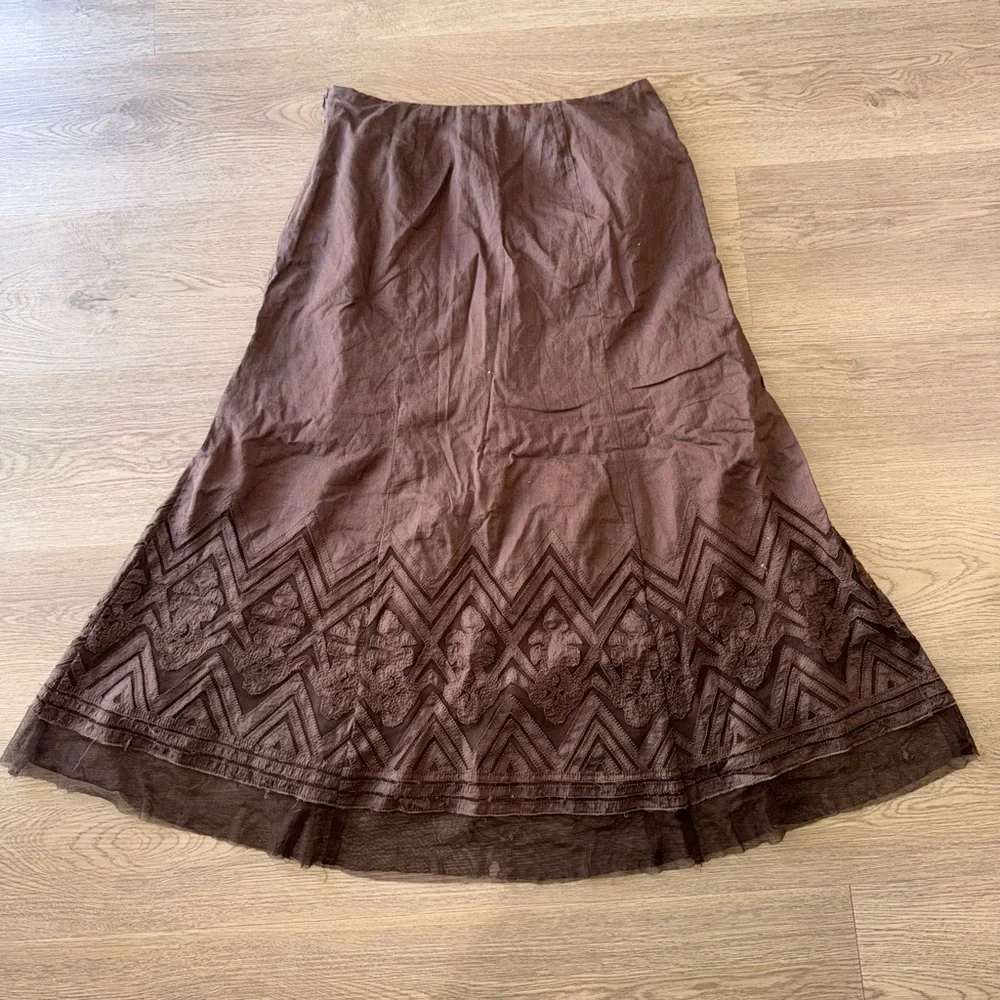 Nine West Boho A-Lined 100% Cotton Brown Embroidered Geometric Long Skirt Sz 2